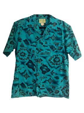 VINTAGE UI-MAIKAI Cotton Hawaiian Shirt Turquoise Gold Islands Men’s Sz Medium